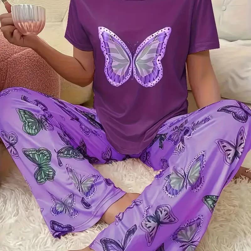 Factory Direct Cross-Border Spring/Summer 3D Printed Butterfly Pattern Pajama Short Sleeve and Long Pants Set for Women POD Custom