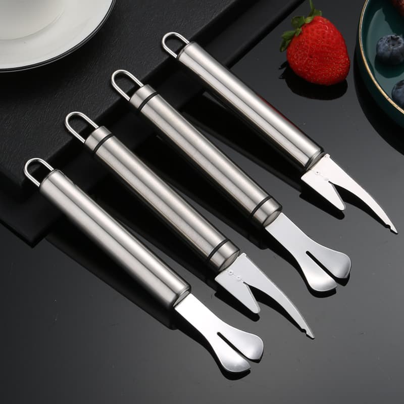 Stainless steel multi-tool for shrimp deveining, scaling and duck intestine cleaning