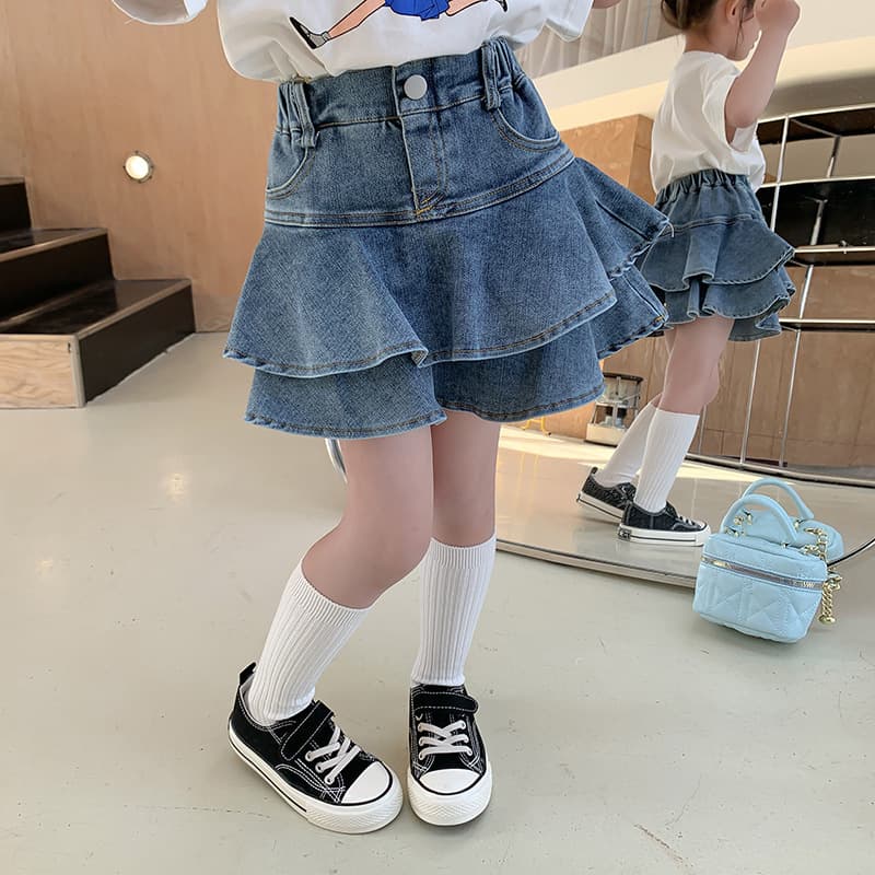 Small/medium child Korean-style children's clothing 2025 summer new girls' ruffled denim half skirt pants little girl chic short skirt