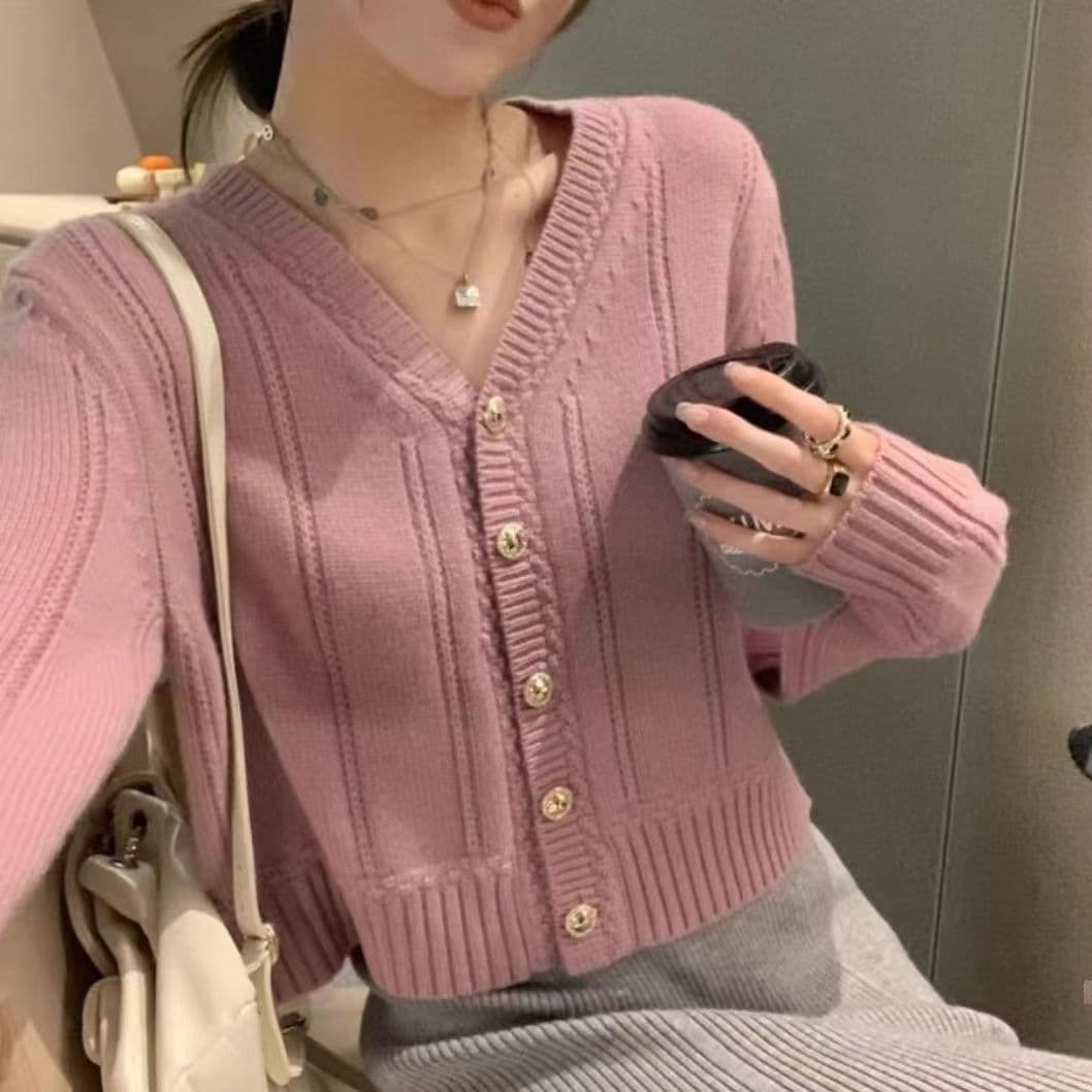 Korean Petite Cable Knit Sweater, 2026 Autumn Gentle Style Knit Cardigan, Slim High-Waist Short Sweater Coat