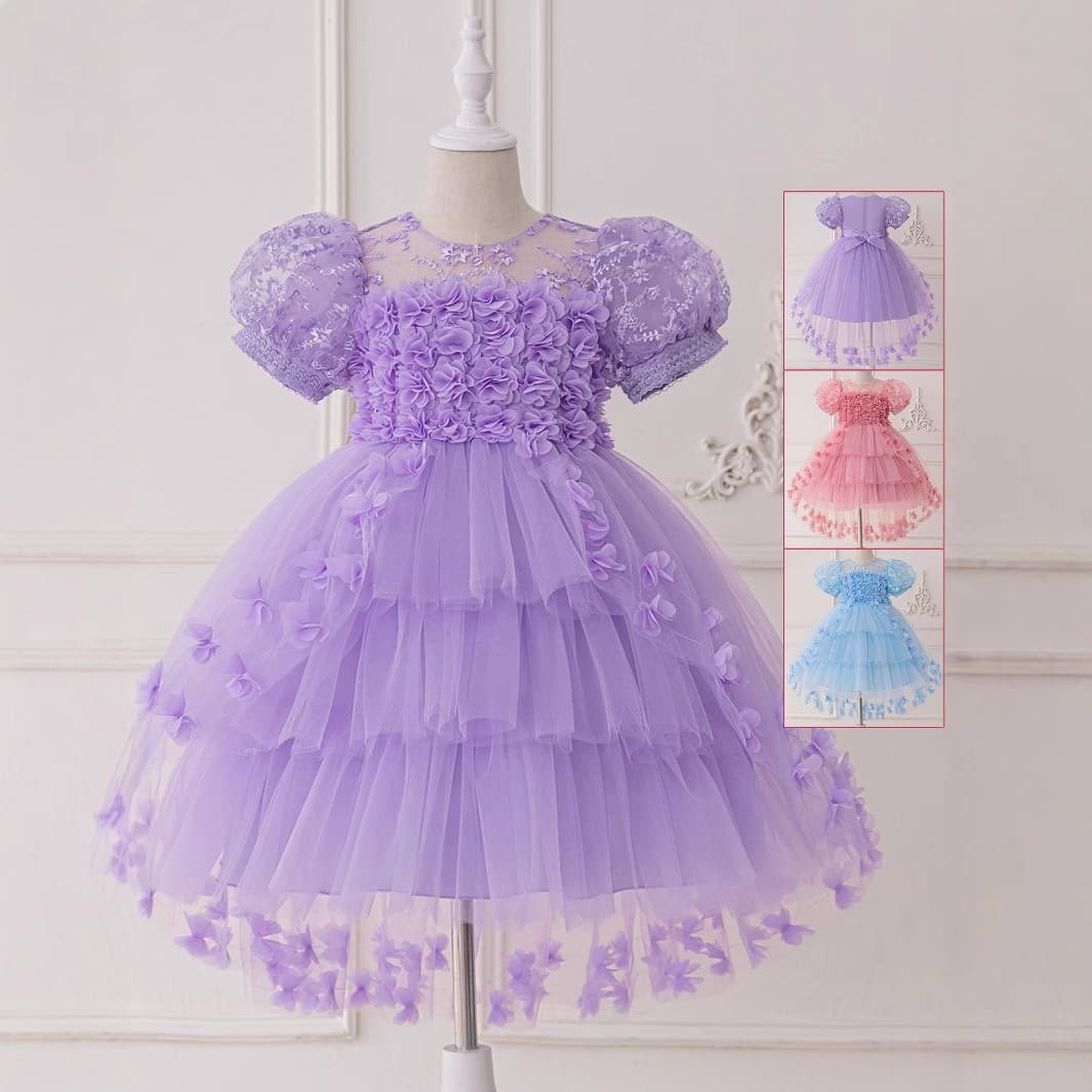 Amazon Girls Dress with Train Lace Tulle Layered Cake Skirt Flower Girl Banquet Performance Dress Sisters Kids Clothing
