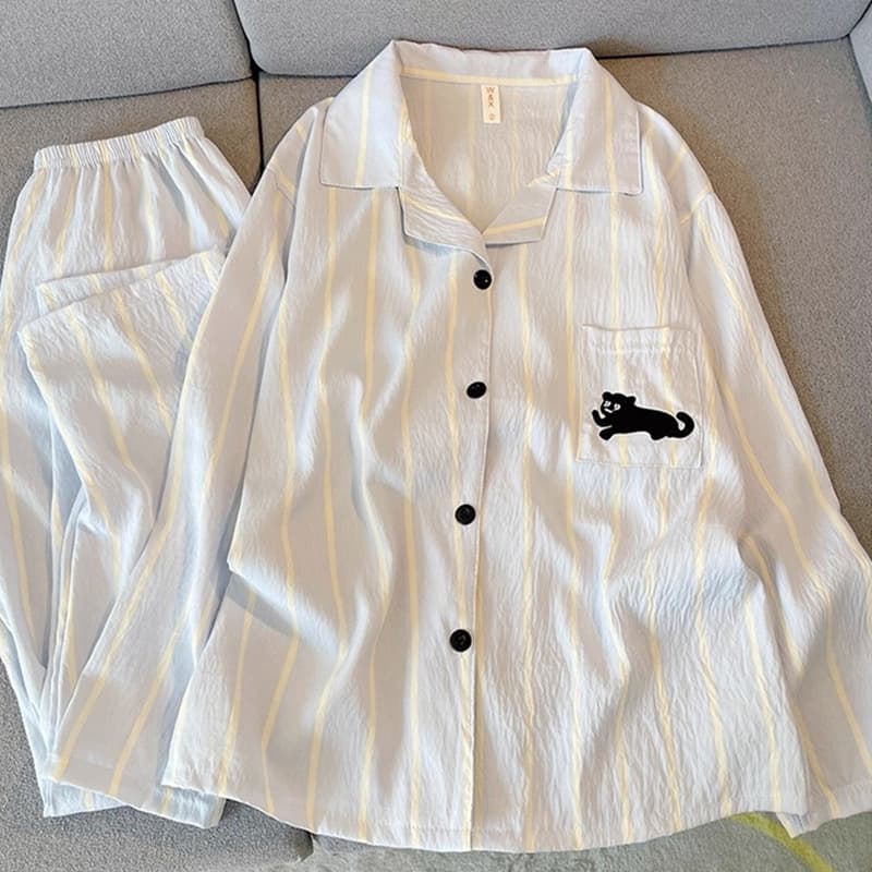 Cartoon Striped Black Cat Pajamas Men Spring Autumn Cloud Pure Cotton Long Sleeve Youth Student Plus Size Homewear