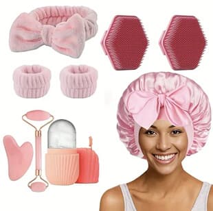Cross-Border Trade Hot Selling Silk Shower Cap Face Massage Set Amazon Best Seller Face Roller Set