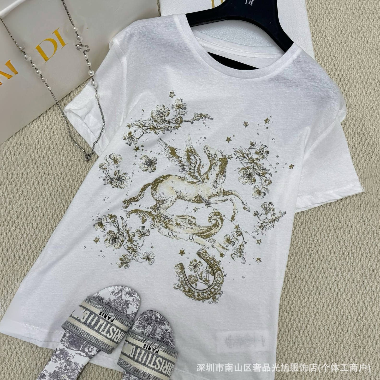 D Brand Replica Nanyou 26 Spring/Summer New Cd Angel Pony Unicorn Print Round Neck Short-Sleeve T-Shirt, Soft and Sweet