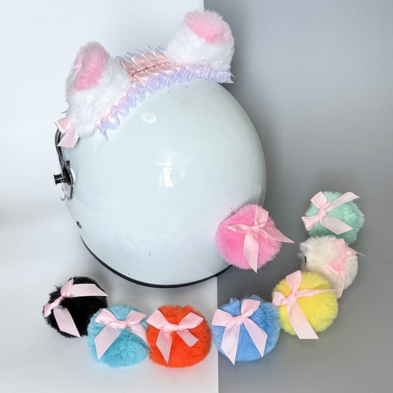 Motorcycle Helmet Rabbit Tail Bow Plush Cat Ears Tail 8cm Quick Release Sticker Ski Helmet Universal Decoration