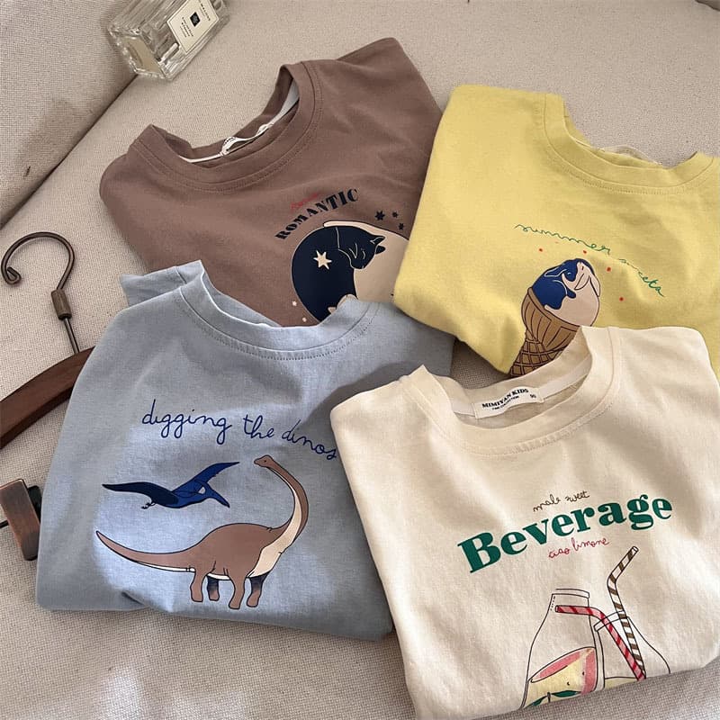 Children's Short Sleeve Round Neck T-Shirt Cartoon Print Pure Color Summer Fashionable Top for Boys and Girls Soft Cotton Moisture Wicking