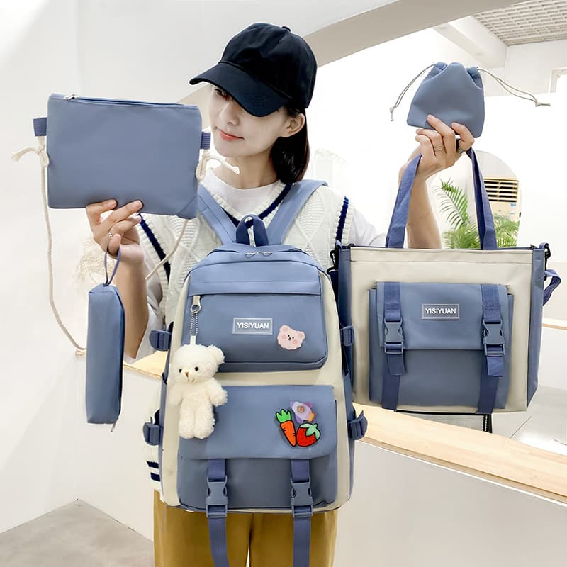 New Backpack Shoulder Bag for Women Korean Style Canvas Large Capacity 5-Piece Set Middle School Student Backpack Student School Bag for Girls