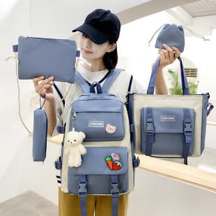 New Style School Backpack for Women Korean Canvas Large Capacity 5-Piece Set Middle School Student Backpack