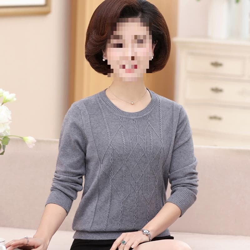 Lightweight Low-Neck Base Layer for Middle-Aged Mothers, New Autumn Round-Neck Long-Sleeve Knit Top for Elderly Women
