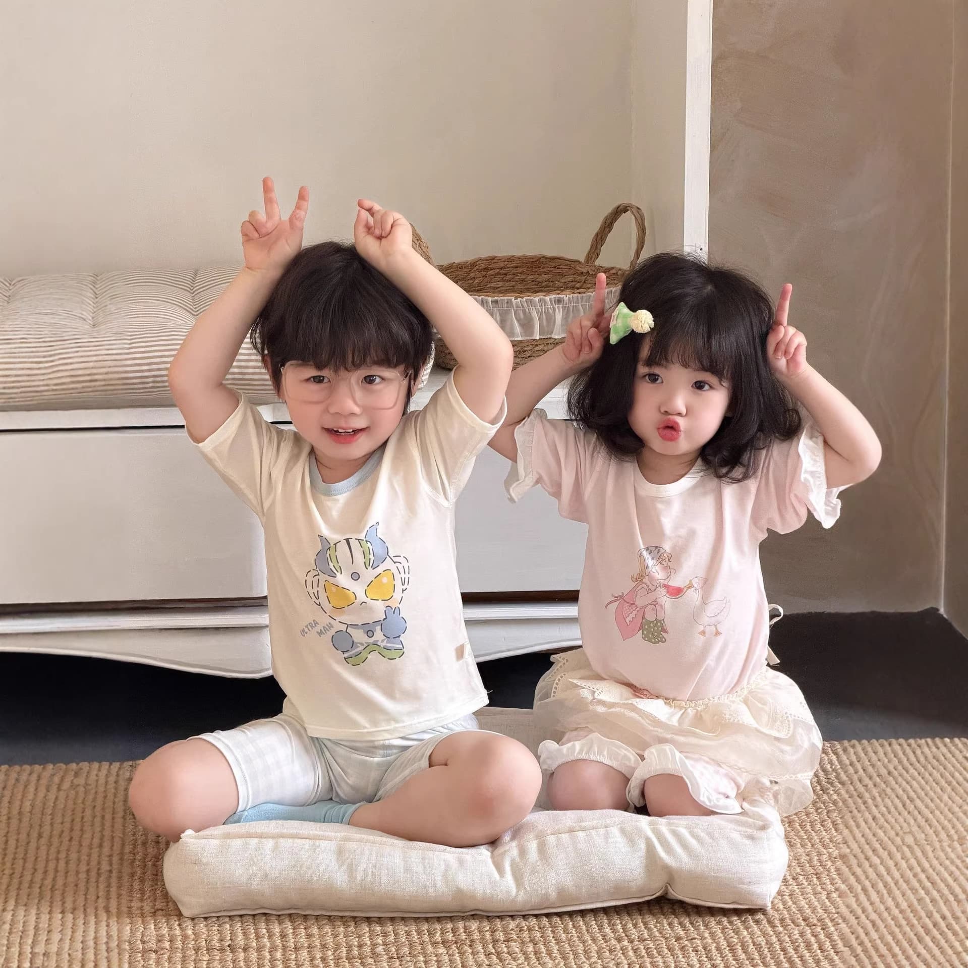 Ancaiyue Children's Three-Quarter Sleeve Boneless Home Clothes Suit for Boys and Girls Summer Lyocell Air-Conditioned Clothes