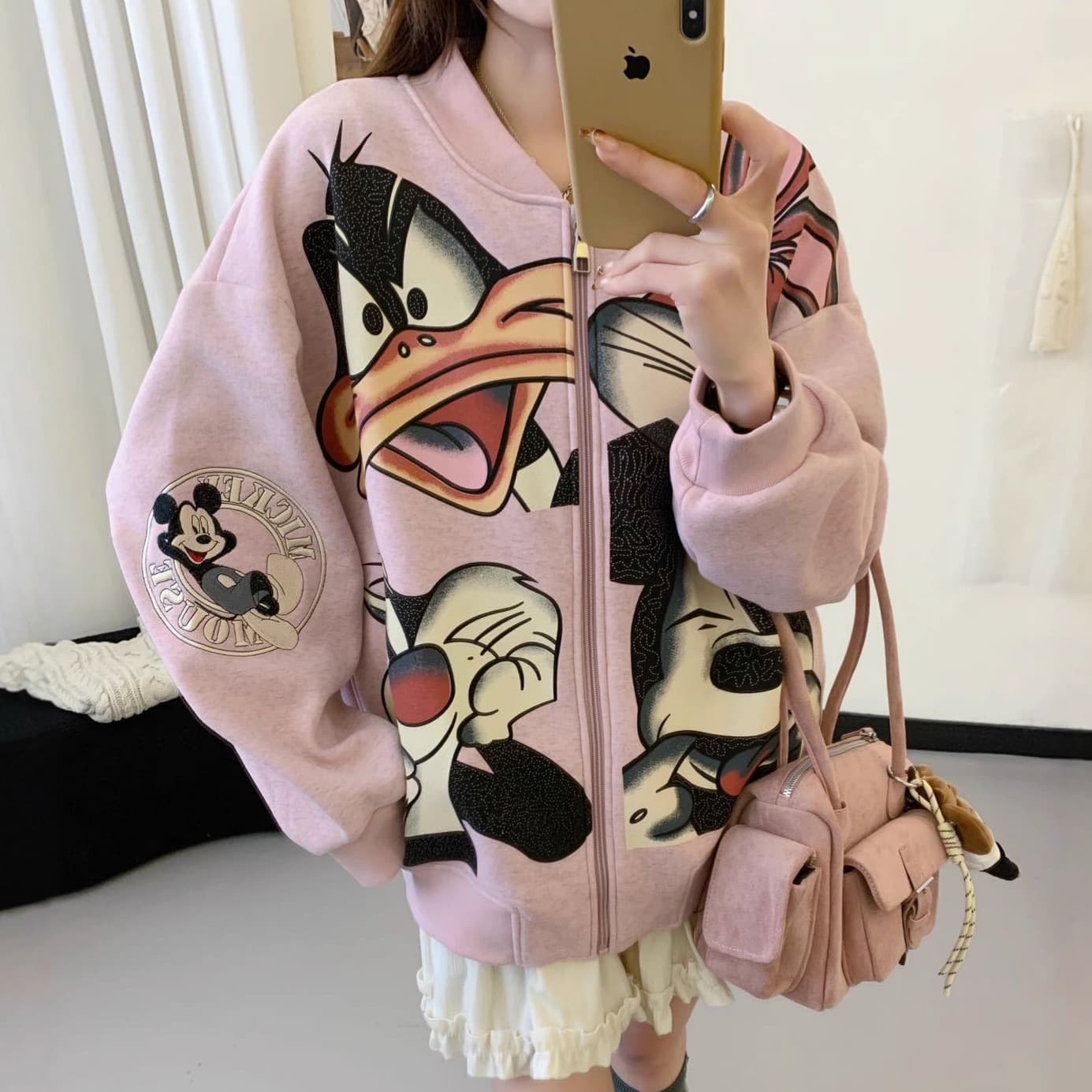European Trendy Brand Embroidered Cartoon Fleece Baseball Jacket with Seamless Print, 2025 Winter Loose Versatile Women's Top