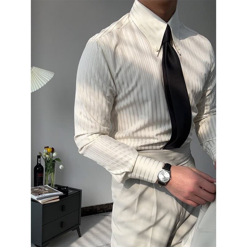 Mature British Chic Men's Pointed Collar Striped Shirt, French Business Commute Style, Slim Fit Long Sleeve Dress Shirt