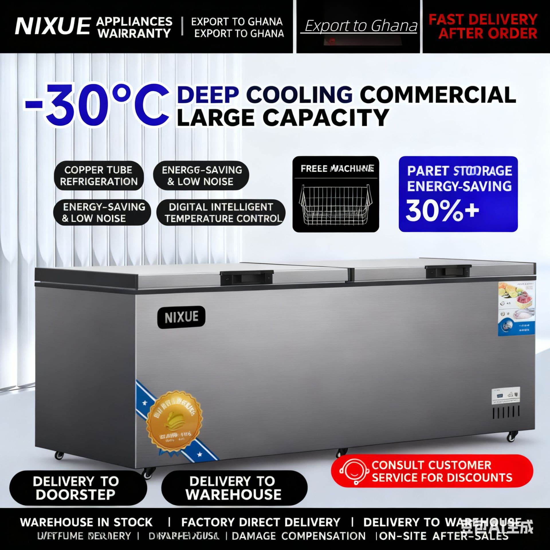 Commercial Large Capacity Horizontal Freezer Preservation Cabinet Refrigerated Freezer Refrigerator Single/Double Door Export to Africa