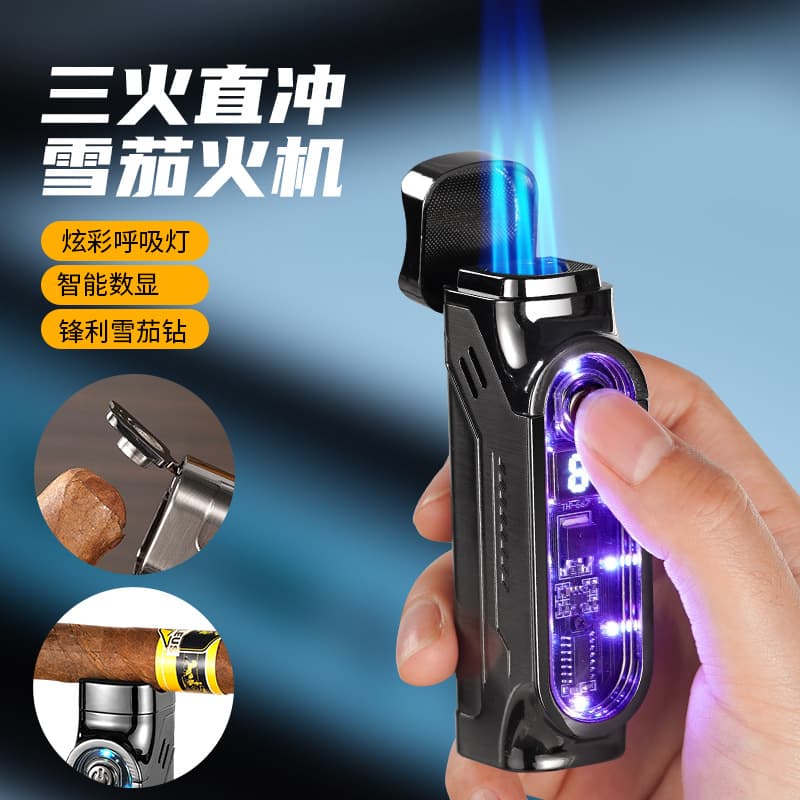 Three-fire cigar lighter, three-fire, windproof, portable colorful lamp, intelligent digital display point, multi-function lighter