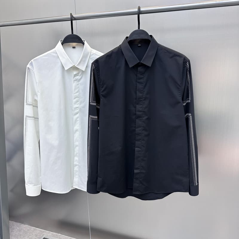 Men's European Fit Long Sleeve Business Shirt with Arrow Chain Embroidery, Simple Design BWCAD3992