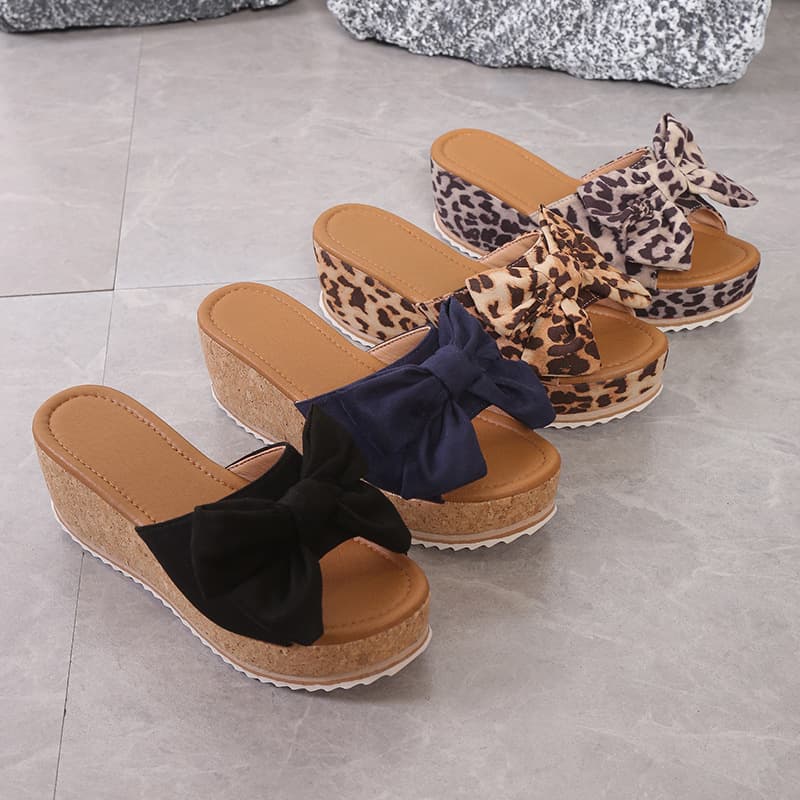 Women's Large Size Bow Thick Sole Slippers for European and American Foreign Trade, Cross-Border Leopard Print Fabric One-Strap Wedge Heel Sandals