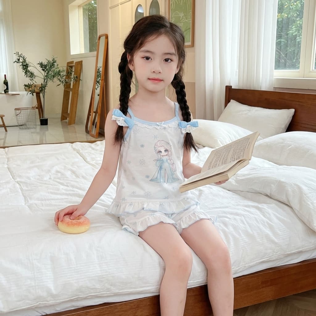 Qiqi Baby Children's Summer Camisole Set Lyocell Tencel Lace Girl Cute Little Princess Nightgown