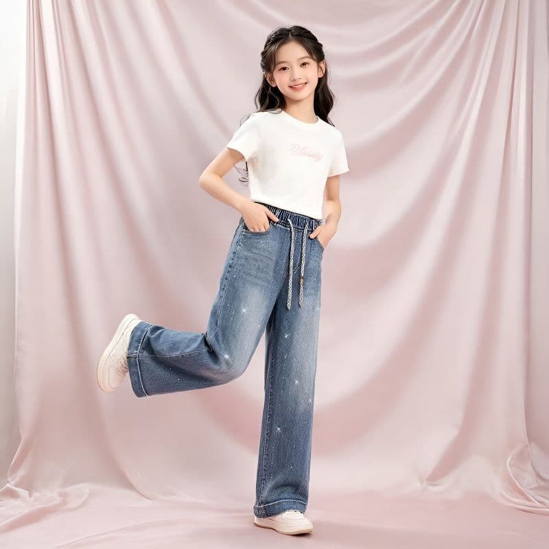 Wholesale Girls Jeans New Spring Summer Autumn Rhinestone Sparkle Elastic Waist Straight Leg Jeans for Big Kids
