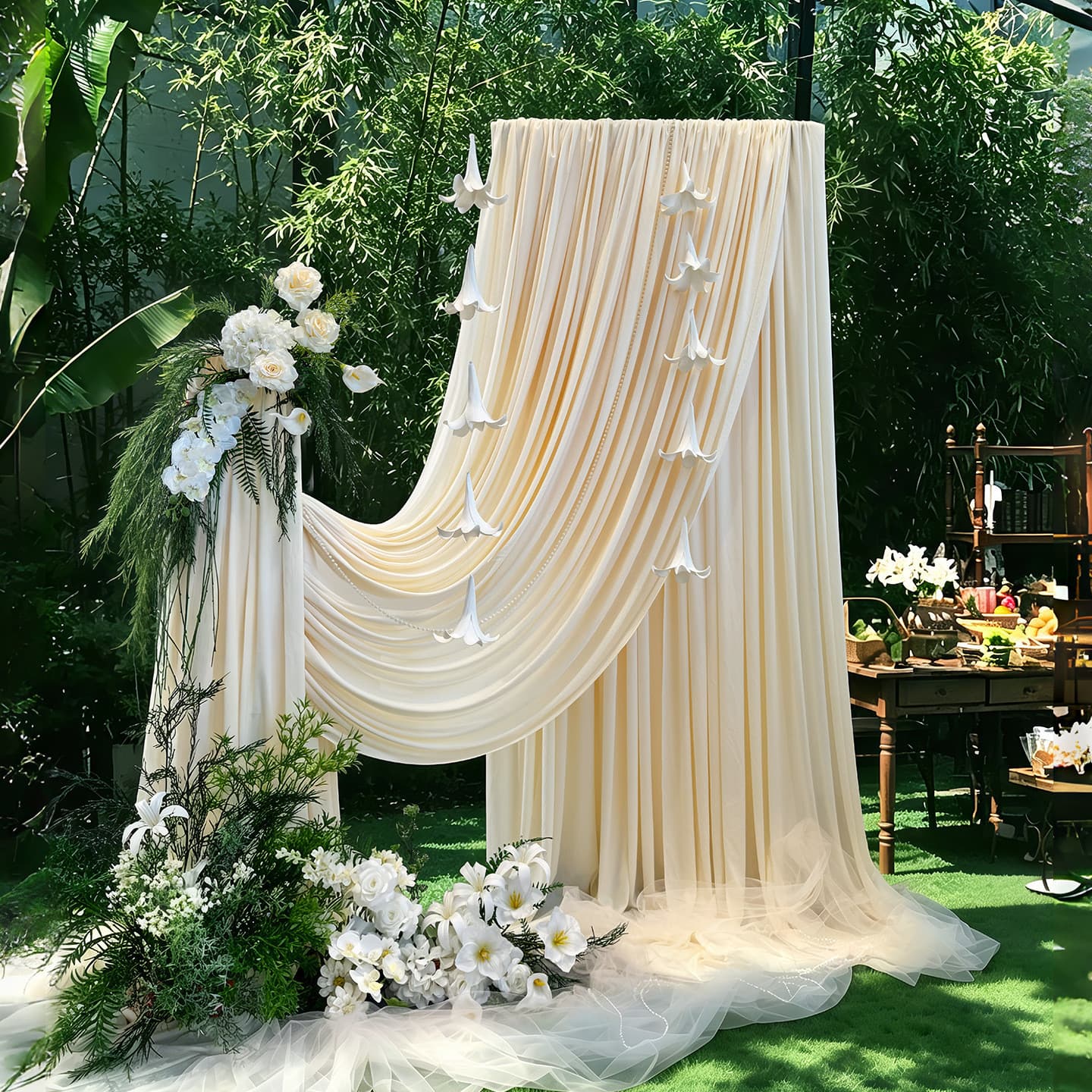 Forest style wedding outdoor lawn sign-in area layout wedding welcome area decorative background cloth curtain romantic drape gauze curtain