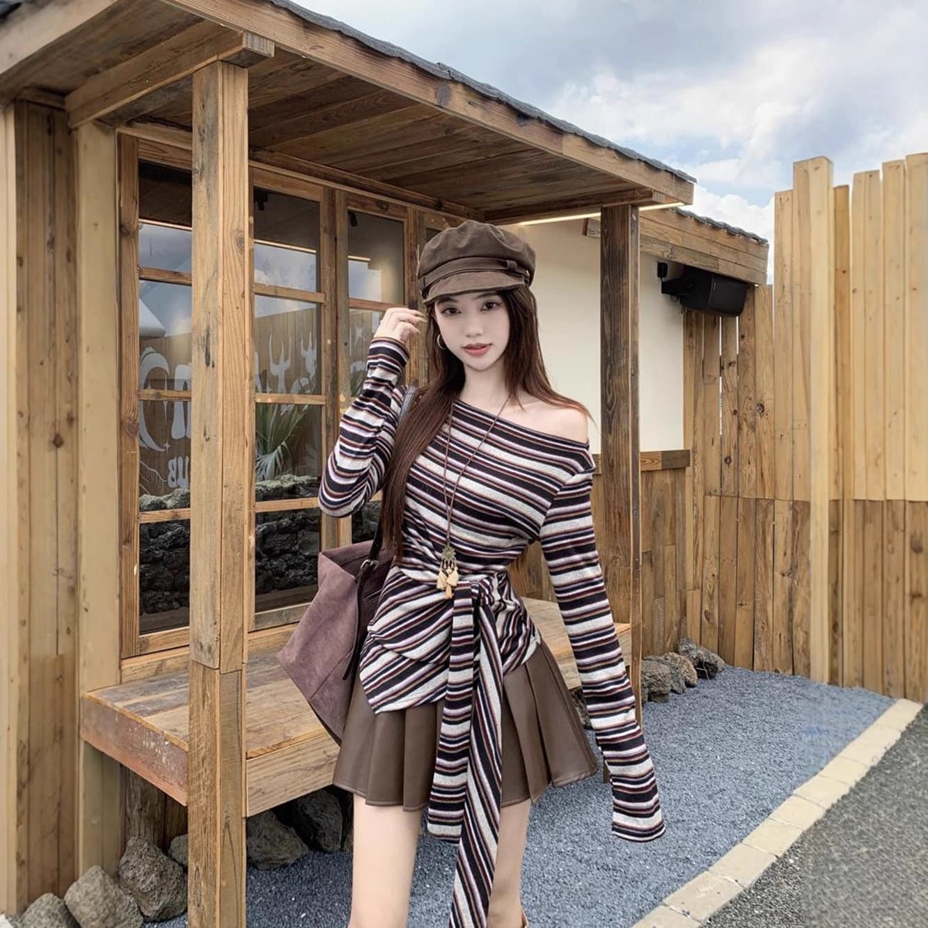 Trendy Off-Shoulder Striped T-Shirt for Women 2025 Fall New Tie-Waist Slimming Irregular Long-Sleeve Top