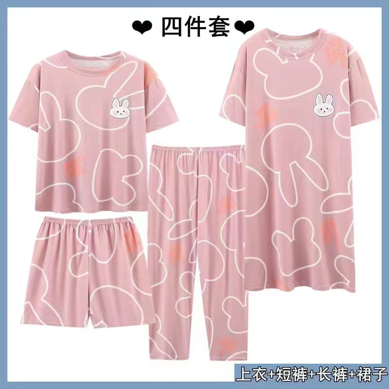 Women's 4-Piece Sleepwear Set: Loose Short Sleeve & Shorts, Summer Comfortable Breathable Home Clothes, Casual Style Outerwear