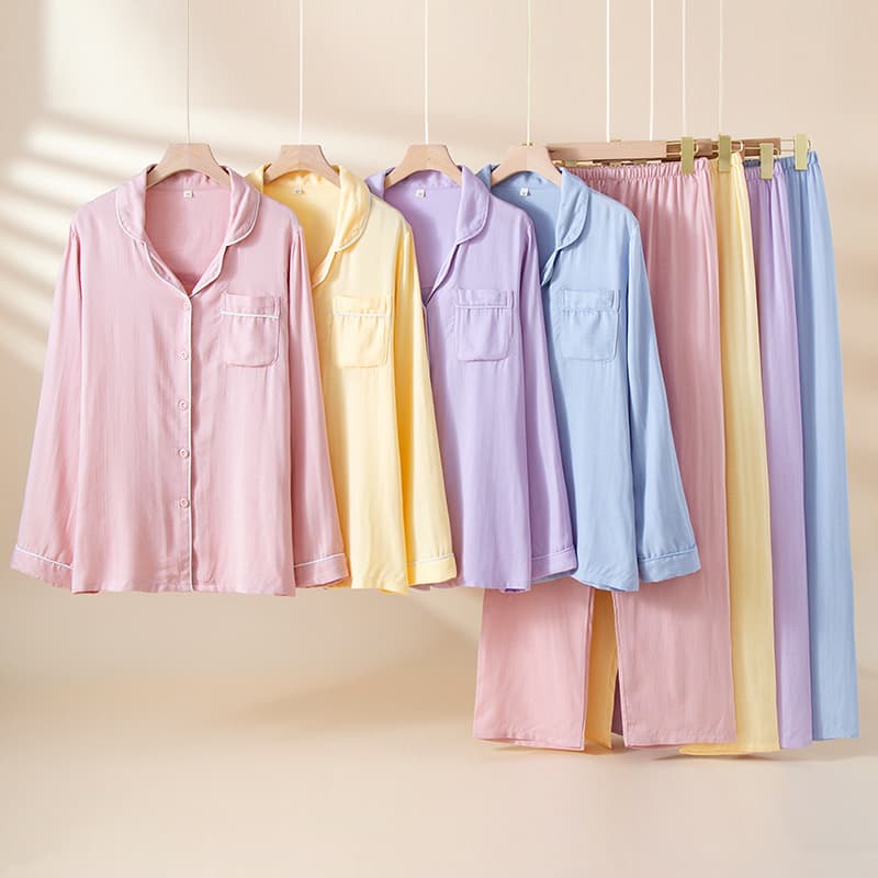 Bamboo Fiber Lapel Pajama Set for Women - Spring and Autumn Thin Style, Open-Front Long Sleeve and Long Pants, Cotton Loungewear Set for Fall and Winter, Loose Fit