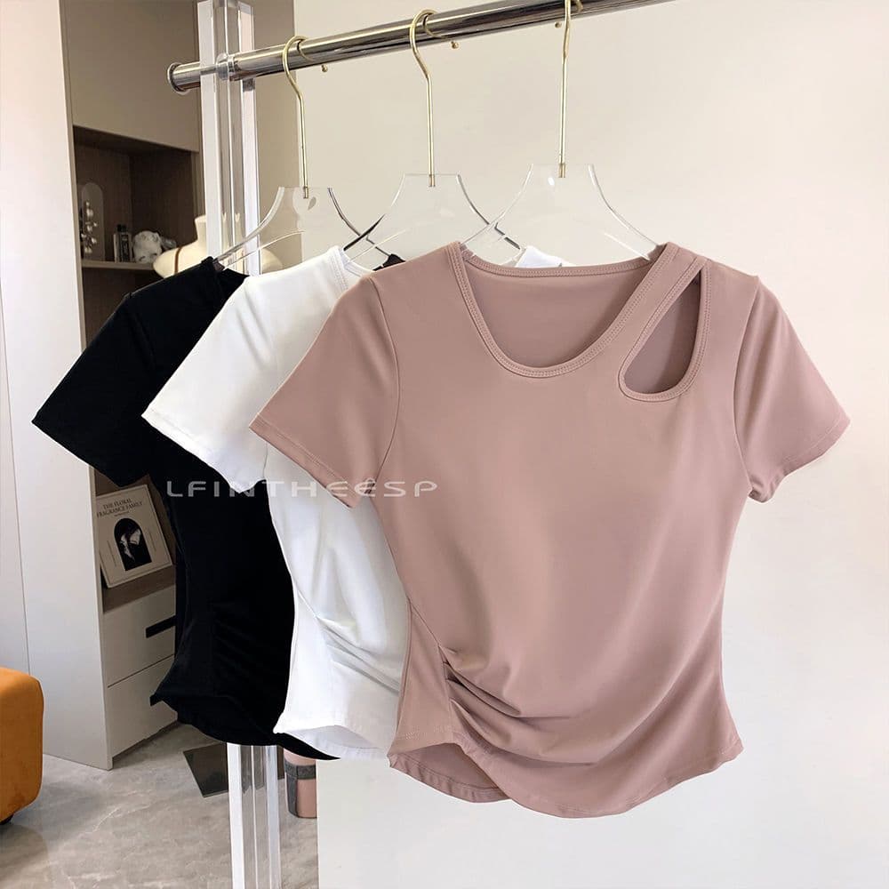 Women's Yoga Short Sleeve T-Shirt with Built-in Bra Pads, New Pilates Outdoor Sports Fitness Running Solid Color Slim Crop Top