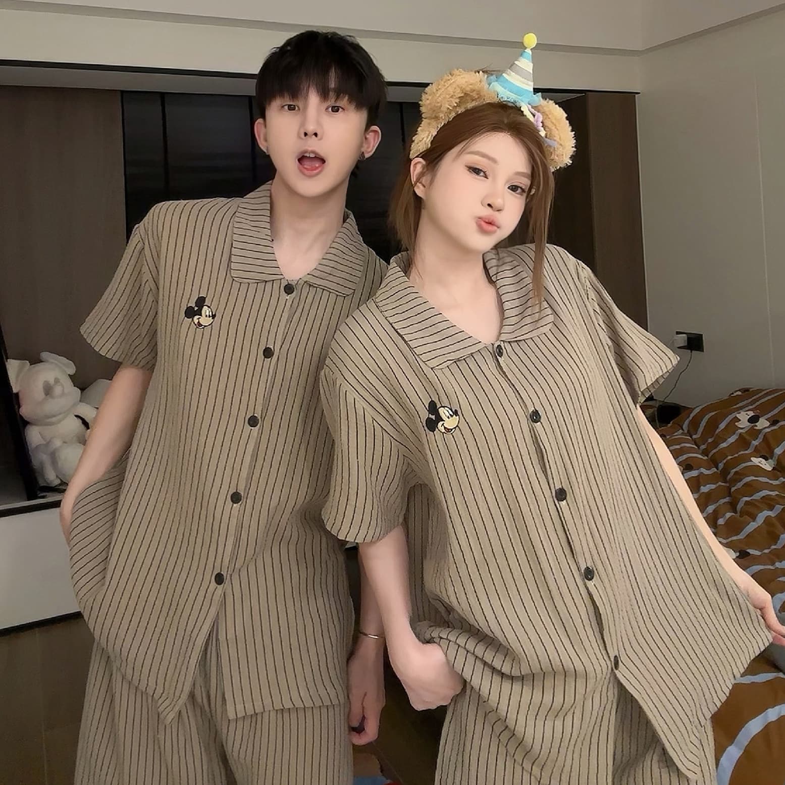 Maillard Cartoon Mickey Couple Pajamas Women's Summer Double-Layer Cloud Cotton Gauze Short Sleeve Pajamas Men's Homewear