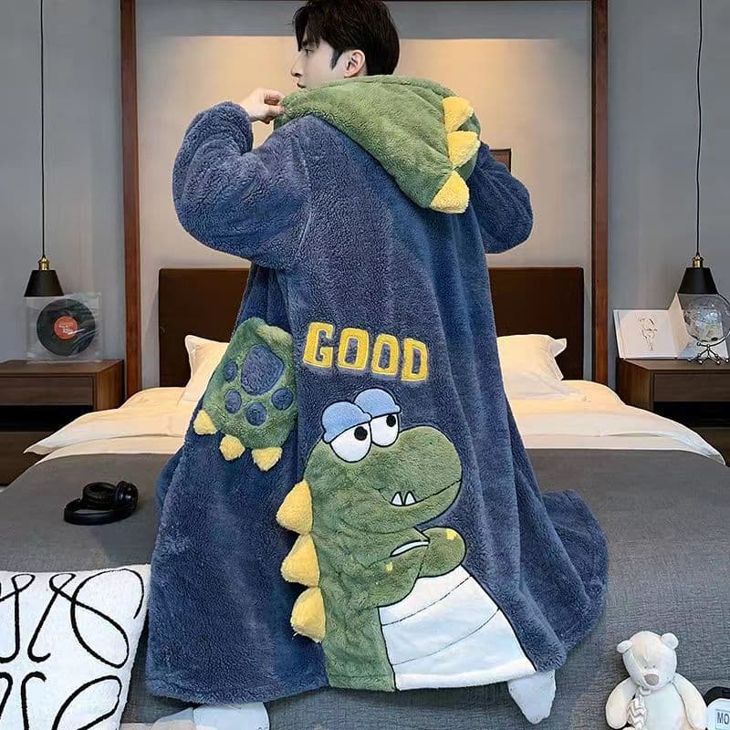 Dinosaur Coral Fleece Bathrobe Men's Cute Winter Thickened Warm Pajama Set Mid-Length Autumn Robe