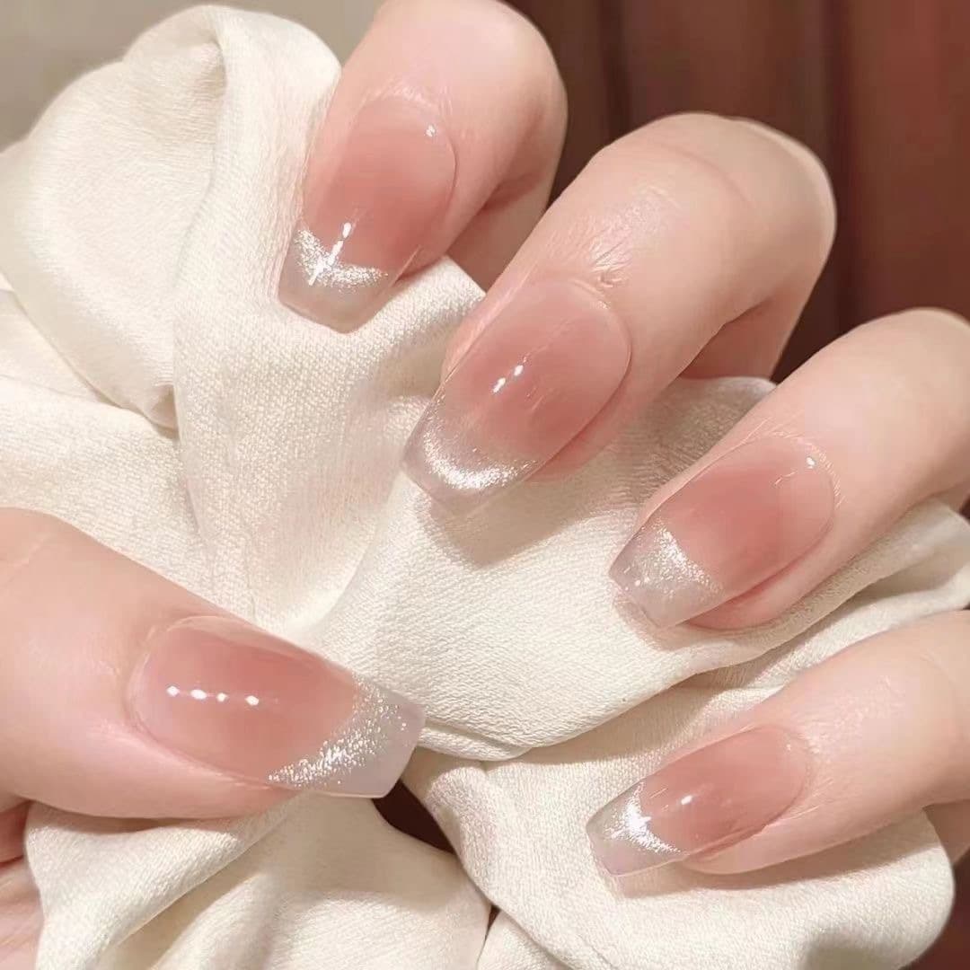 Short Ballet Blush Smiley Cat Eye Press-On Nails, Removable, Simple and Versatile Nail Tips