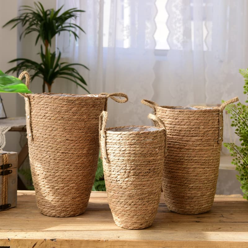 Custom Nordic Grass Woven Flower Basket Large Vase Decoration for Living Room Artificial Baby's Breath Dried Flowers Rattan Woven Flower Pot