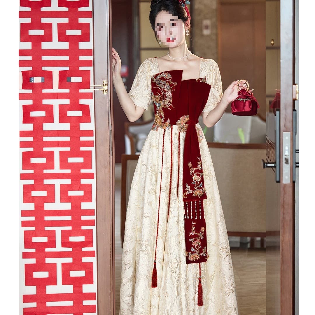 Wedding Toast Dress Plus Size Slimming New Chinese Luxury High-End Wedding Engagement Return Banquet Dress Wine Red