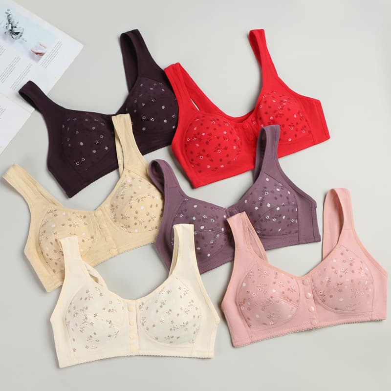 New Printed Front-Closure Bra Women Soft Cotton Vest Style Middle-Aged and Elderly Bra Plus Size Wire-Free Bra