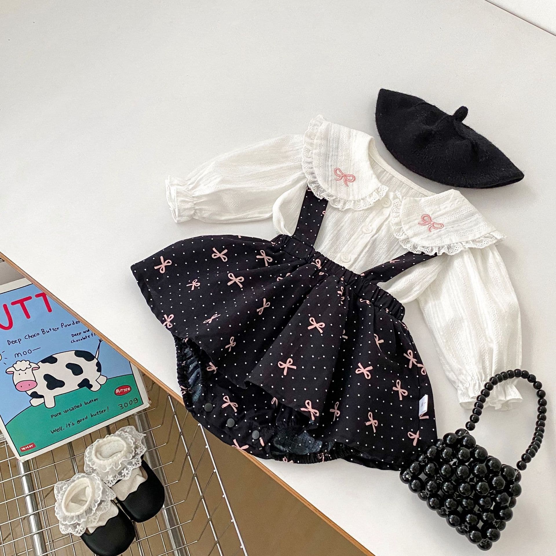 Spring Sweet Girl Baby Doll Collar Top with Butterfly Knot Straps Two-Piece Outfit Cotton Crawling Suit for Babies And Toddlers