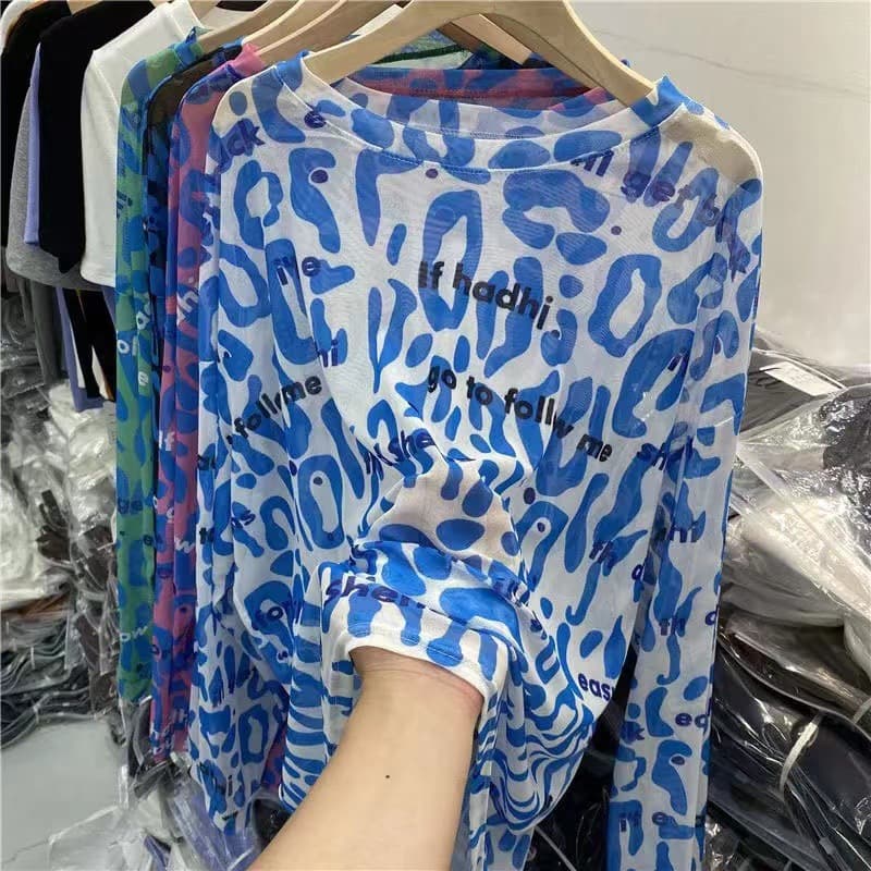 Sheer Mesh Printed Sun Protection Cover-Up for Women, Thin Style, Camisole Dress Outer Layer, Long-Sleeve T-Shirt, Beach Jacket