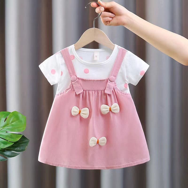 2025 Summer New Children's Cotton Two-Piece Look Dress Korean Style Short Sleeve Cartoon Cotton Dress