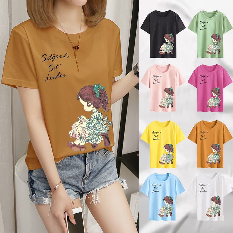 Women's Short Sleeve T-Shirt Round Neck Base Shirt Student Cartoon Summer Fashion Korean Style Comfortable Polyester Fiber