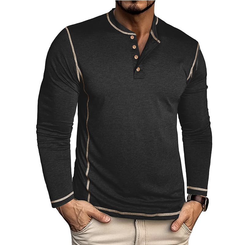 New Men's Long Sleeve Henley Shirt for Cross-Border Amazon, Foreign Trade European and American Men's Color-Block T-Shirt Undershirt Henley