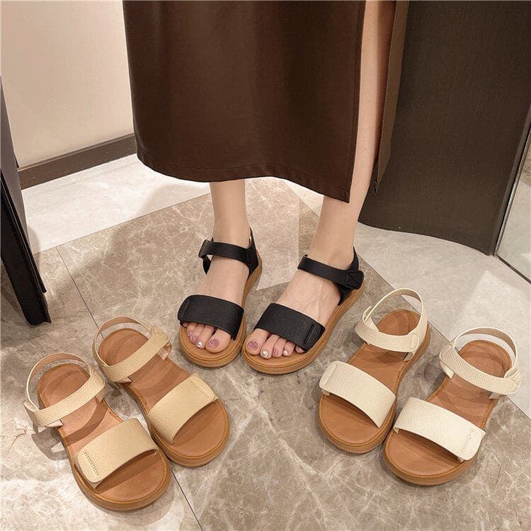 Cowhide Sole Sandals Flat Shoes 2026 Summer New Style Student Roman Sandals Beach Shoes Soft Sole One-Strap Women's Shoes