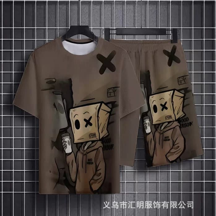 American Graffiti Cardboard Box Boy Milk Tea Boy Short Sleeve and Shorts Set Simple XX Symbol Couple Breathable Sportswear