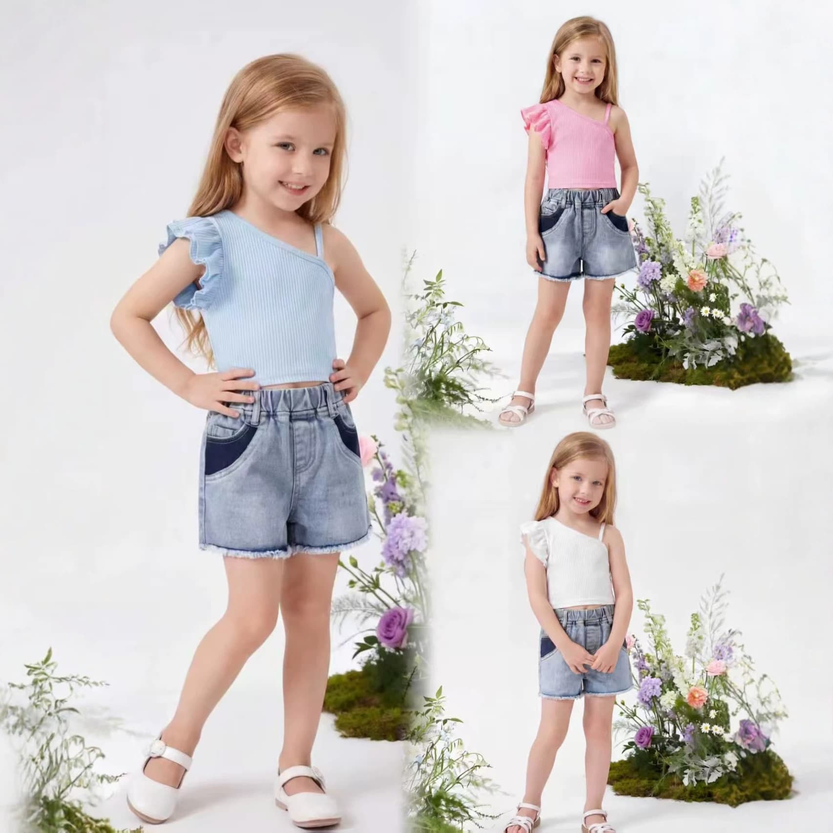 Cross-border denim suit fashion shorts suit new style children and girls new summer one-shoulder T-shirt denim shorts