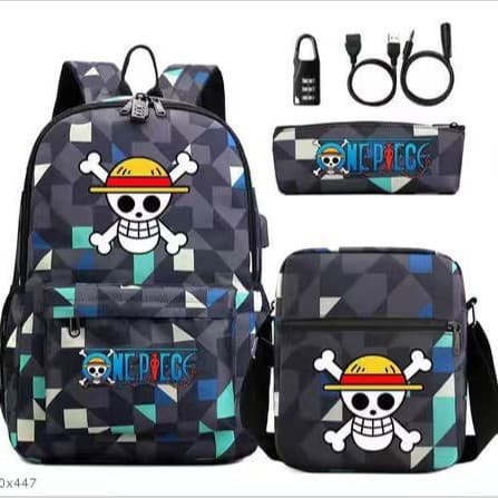 One Piece schoolbag three-piece set of game peripheral backpacks large capacity middle school students campus computer canvas bag lightweight