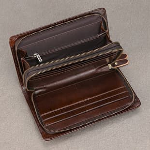 New Genuine Leather Double Zipper Handbag Large Capacity Top Layer Cowhide Business Long Wallet Men Women Multi-card Slot Bag