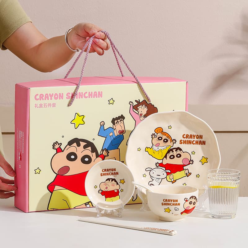 Crayon Shin-chan Ceramic Tableware Kids Rice Bowl Cartoon Bowl Dish Plate Set Cute Ceramic Bowl Round Plate Spoon Chopsticks