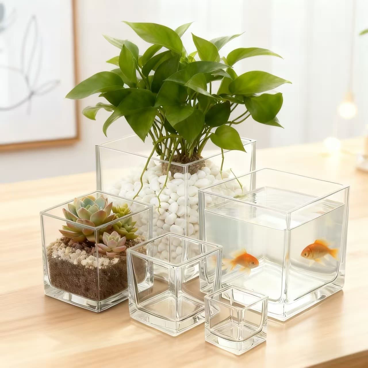 Square Glass Mini Fish Tank, Small Goldfish Bowl, Candle Holder, Succulent Hydroponic Vase, Desktop Decoration