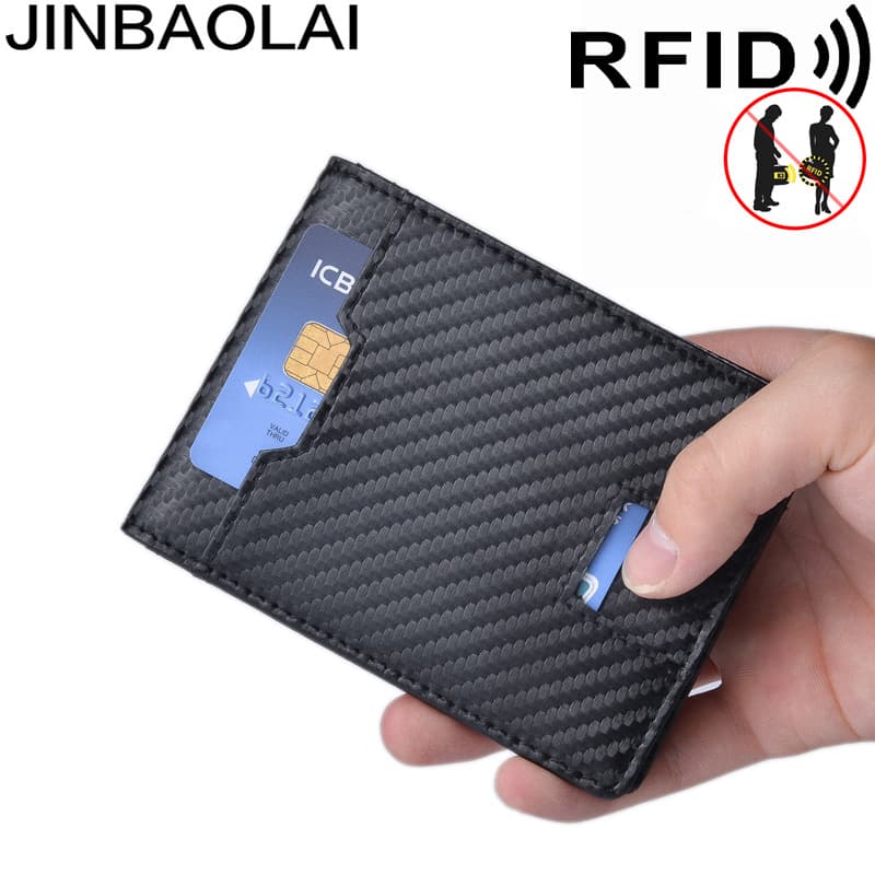 JINBAOLAI Multi-Slot Zipper Coin Wallet Genuine Leather Men's Carbon Fiber RFID Anti-Magnetic Anti-Skimming Wallet