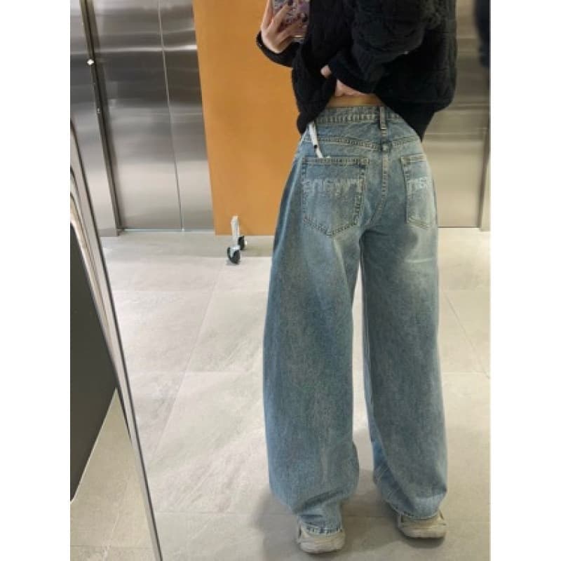 High quality ~ Retro high-waisted wide-leg jeans for small women, loose, slim, lazy, straight-leg floor-length mopping pants