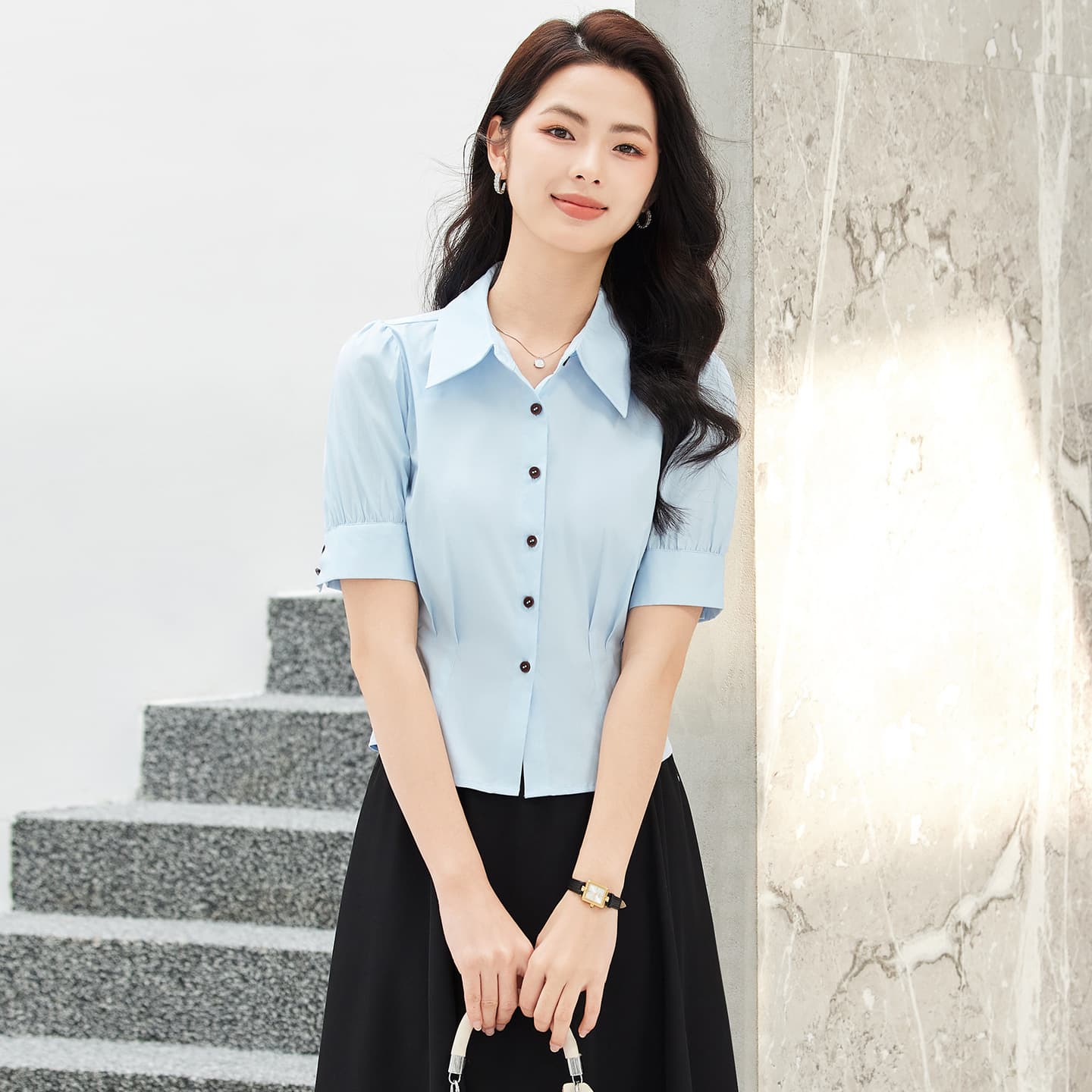 Light Blue Short-Sleeve Shirt for Women 2026 New Fitted Lapel Professional Blouse High-End Short Commute Top