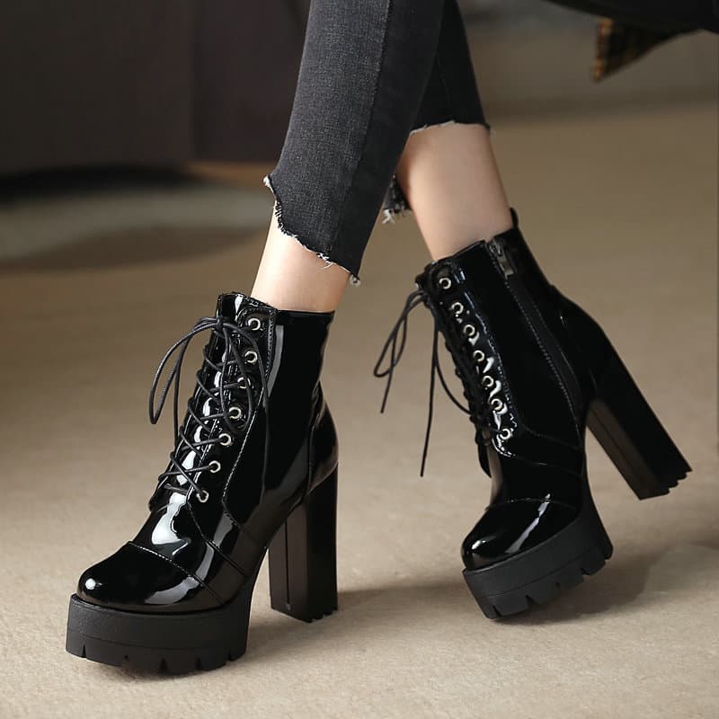 Autumn/Winter High Heel Short Boots for Women, Round Toe, Chunky Heel, Platform, Lace-Up Martin Boots, Patent Leather High Heel Boots