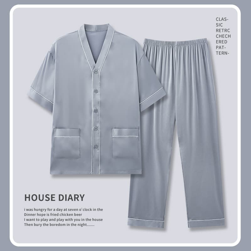 Men's Pajamas Summer Ice Silk Short Sleeve and Trousers Set, Thin High-End Silk, Plus Size, Boys' Home Wear Suit